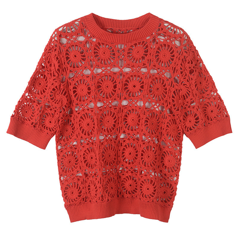 

Runway O-neck Slim Summer Short T-Shirt Tops Women Short Sleeve Female Red Tees Hollow Out Streetwear Ladies Knitted Tops Tshirt