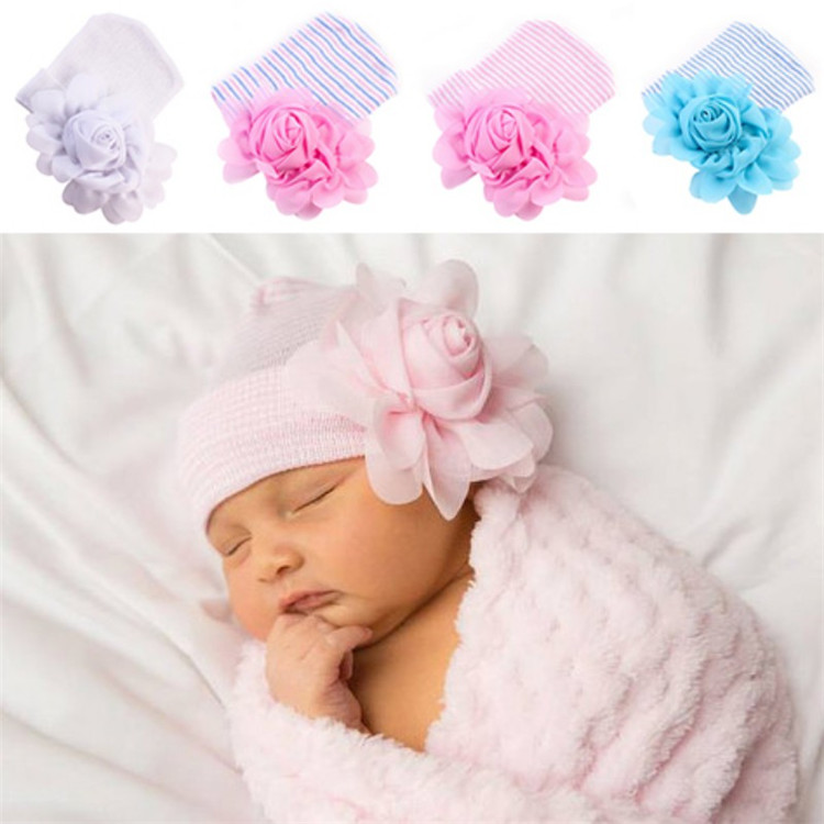 

Newborn Girl Hat Big Flowers Cap Cotton Flower Stripe Girl Headdress Accessories, A1