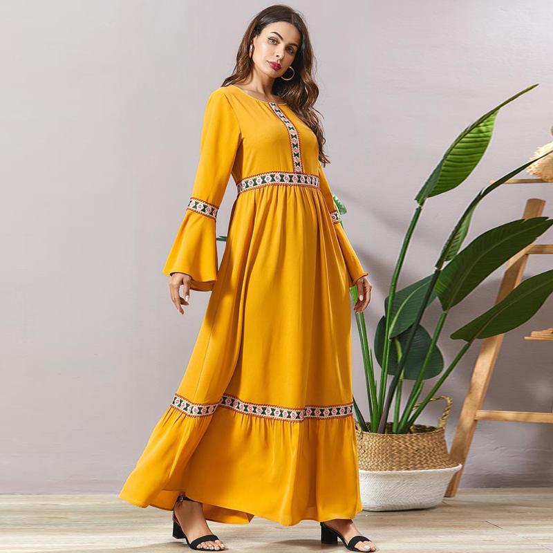 

Siskakia Elegant Maxi Dress Yellow O Neck Flare Long Sleeve Lace Patchwork Embroidery Loose A Line Long Dress 2020 New 4XL, Yellow dress