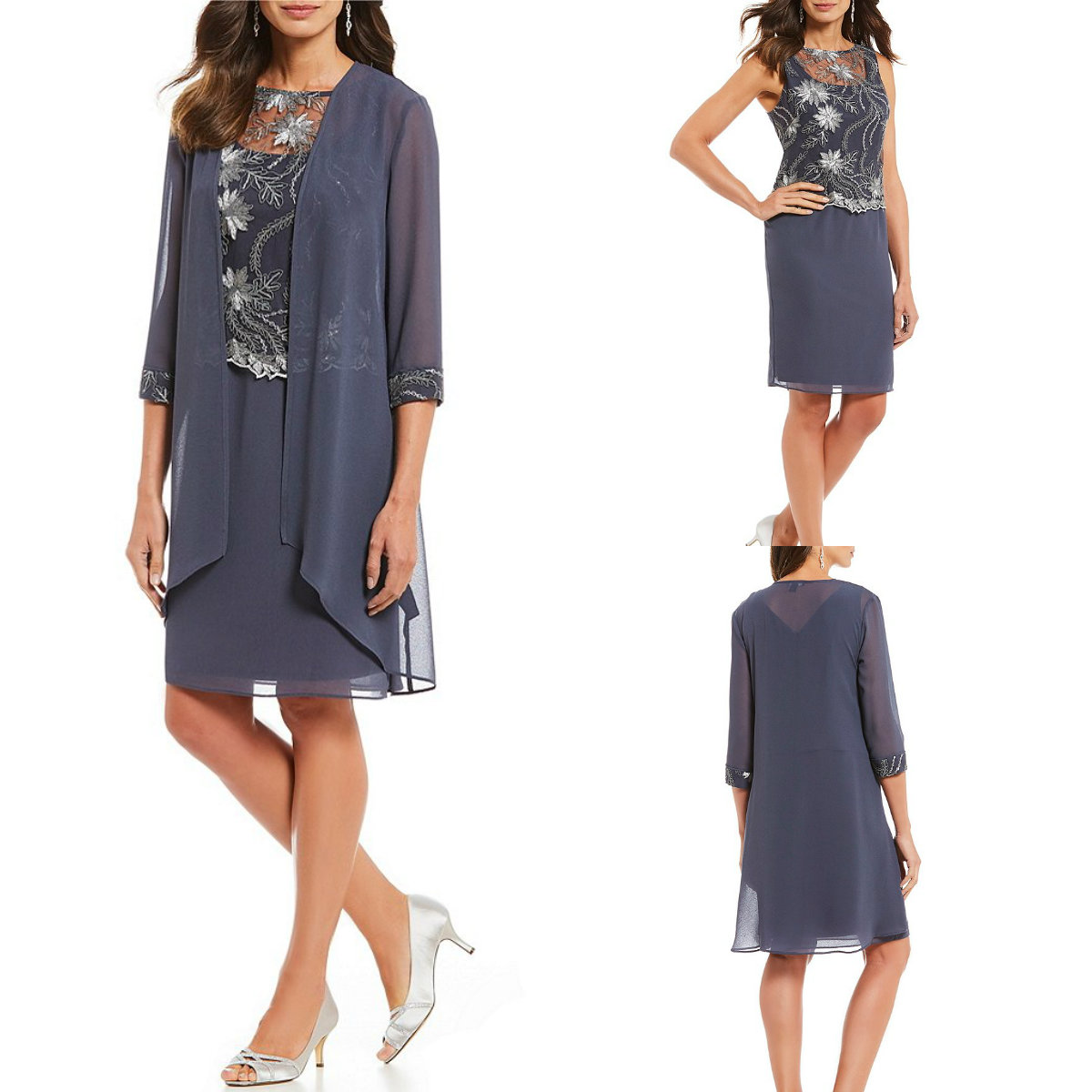 

2019 Grey Mother Of the Bride Dresses 3/4 Long Sleeves Chiffon Lace Wedding Guest Dress Jewel Neck Appliqued Evening Gown Prom Dresses