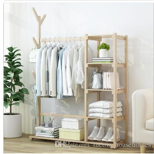 Wood clothes and hats rack landing bedroom solid wood hanger living room clothes rack save space for household shelves-image-517261480