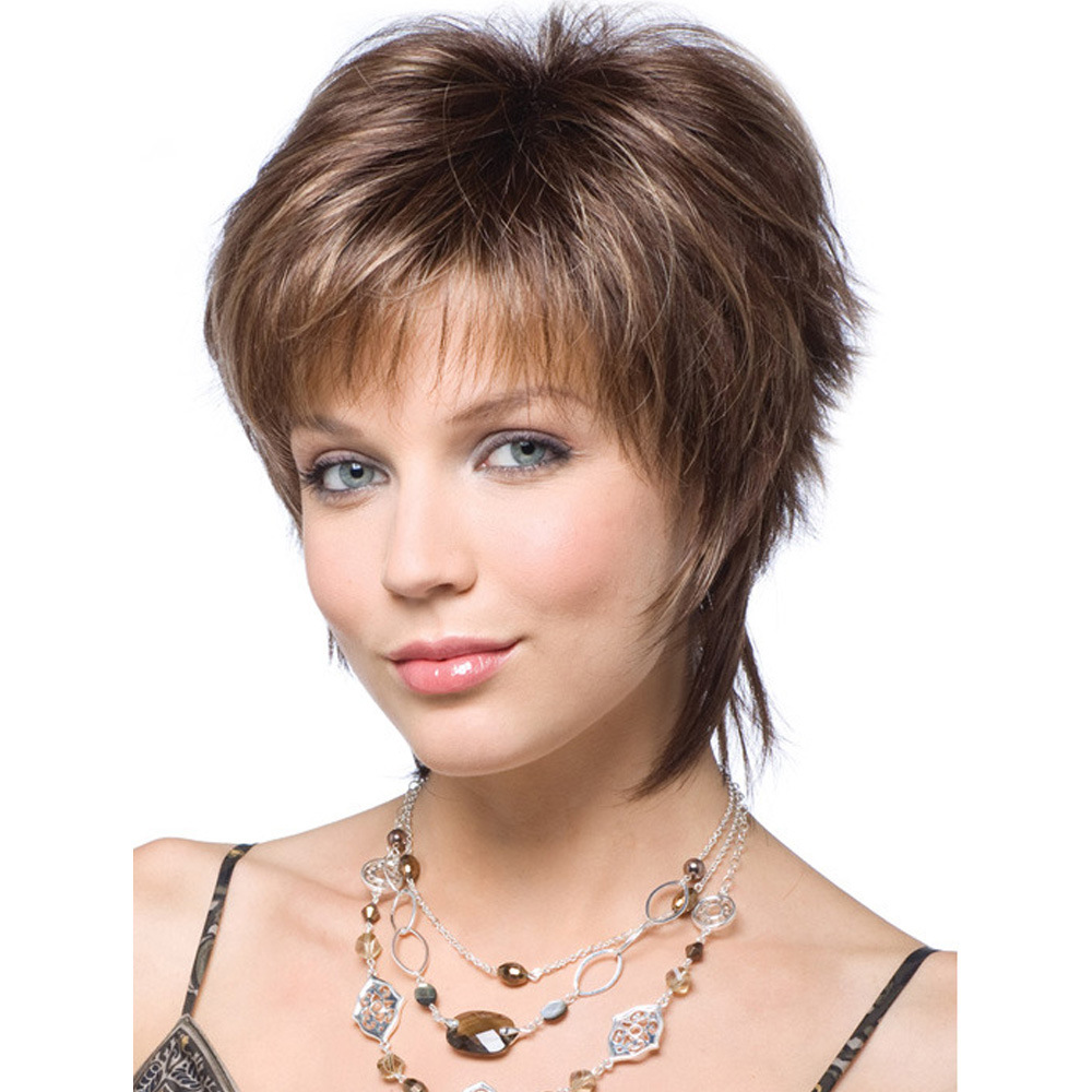 

Synthetic Hair Wig Ombre Short Straight Highlights 2 Tone Layered Dark Root Hairpiece with Fringes for Black Women, One color