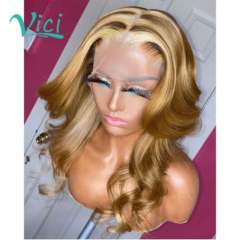 

Brown And Blonde Highlight Wig Honey Blonde Undetectable Lace Wig Preplucked Transparent Lace Frontal Human Hair Wigs, As pic