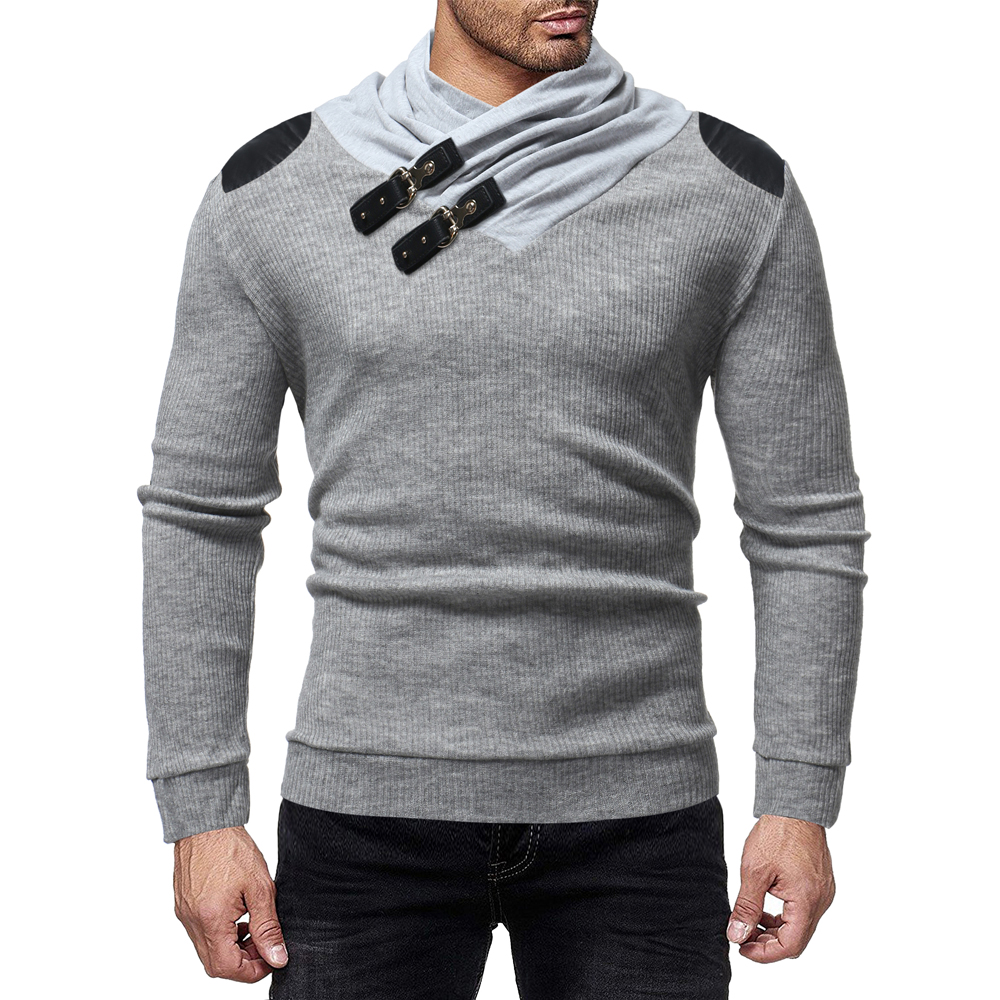 

Sweater Men 2018 New Men's Fashion Personality Leather Buckle Neckline Splicing Fashionable Men's Slim Cover Knitted Sweater, Khaki