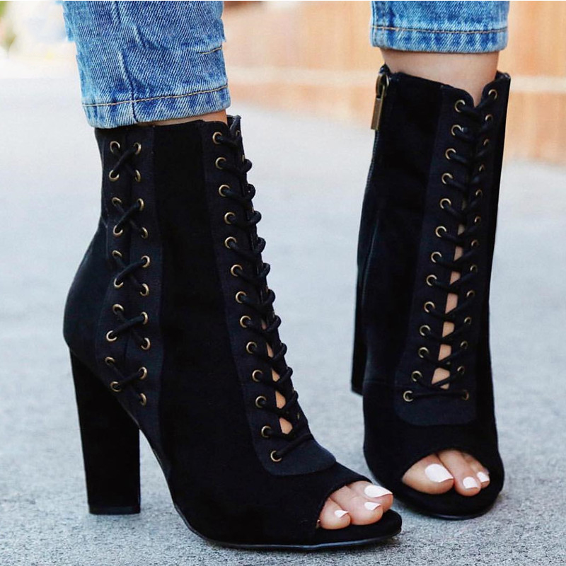 

Autumn women boots Sexy peep toe cross-tied Rivet hollow out female boots Flock high heels ankle boots shoes Botas, Black