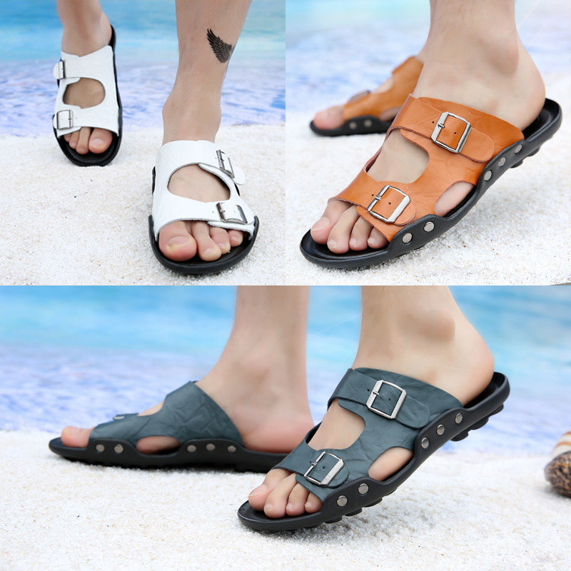 

Men Sandals Genuine Split Leather Men Beach Shoes Brand Casual Shoes Male Slippers Summer, Black