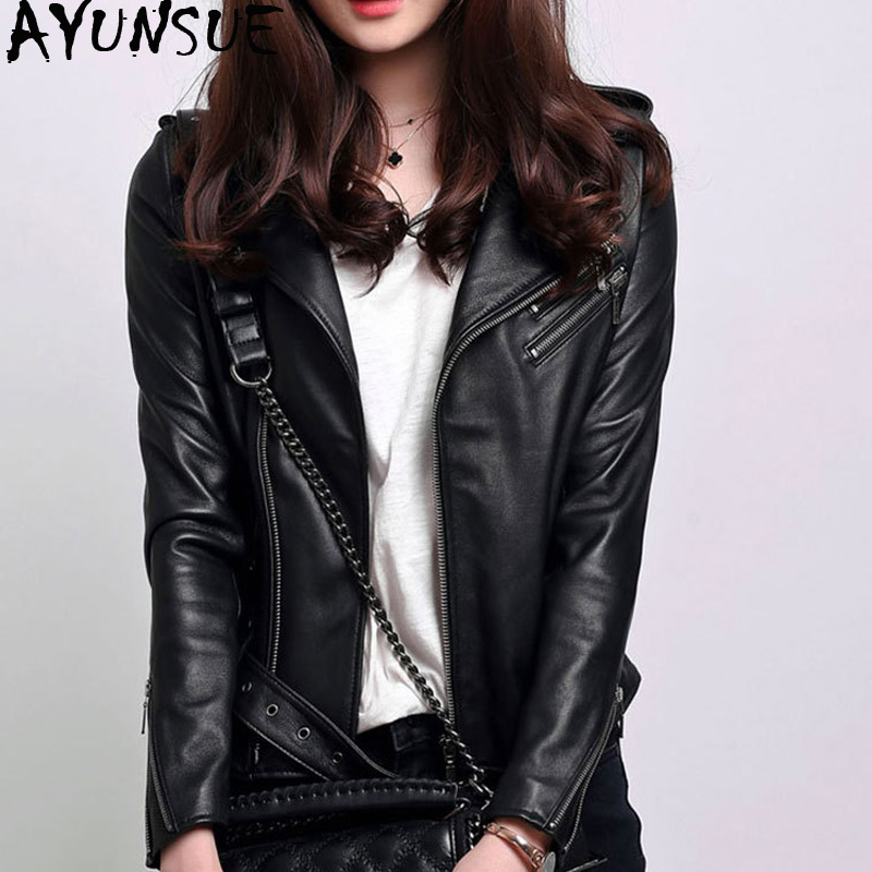 

AYUNSUE Women' Sheepskin Coat Spring Autumn Genuine Leather Jacket Women Casual Motorcycle Jacket Slim Fit 2020 1706 KJ3699, Black