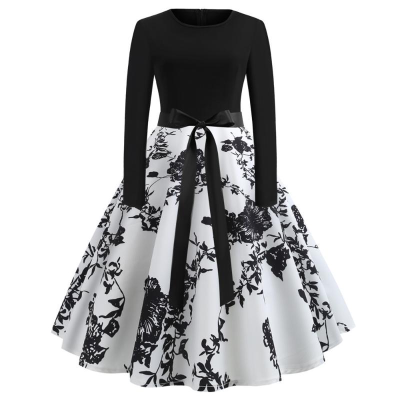 

2020 Brand Winter Dresses Women 50S 60S Vintage Robe Swing Pinup Elegant Party Dress Long Sleeve Casual Plus Size Print Black, Jy13251