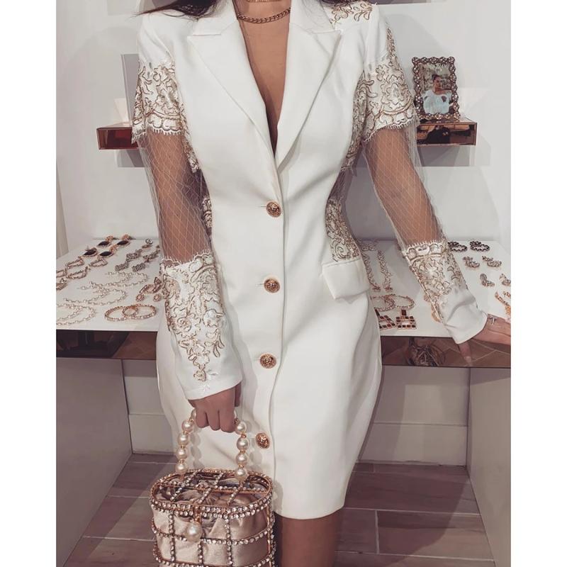 

Lace Patchwork White Blazer Dress Women Single Breasted Notched Collar Spring Casual Dress Elegant Ladies Office Vestidos 2020