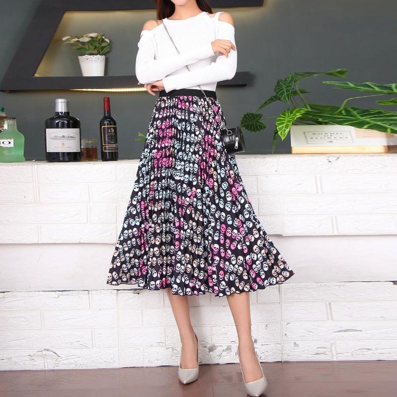 

Halloween Vintage Skirts Women 2020 Skull Print Cartoon Empire High Elastic Women Midi Skirt Big Swing Party Holiday High Street, 1095 038