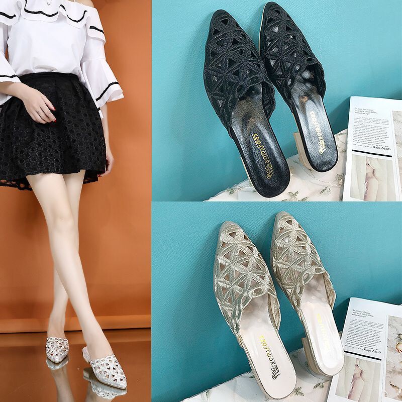 

New Women Fashion Hollowing out Pointed Toe Casual Half Mules Low Flat Heels Bling Slides Girls Slippers Shoes zapatos de mujer, Black