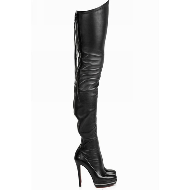 

Cowhide Luxury Style Black Stretch Skinny High-heeled Women's Boots Round Head Over-the-Knee Boots Rear Zip Waterproof Table Size 34-41 Incr