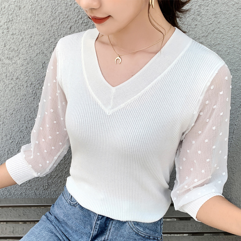 

Sweater Women Summer Thin Women T-shirts Mid Sleeves V-neck Fashion Plus Size Female Splice Knitting Sweater, 2097 white