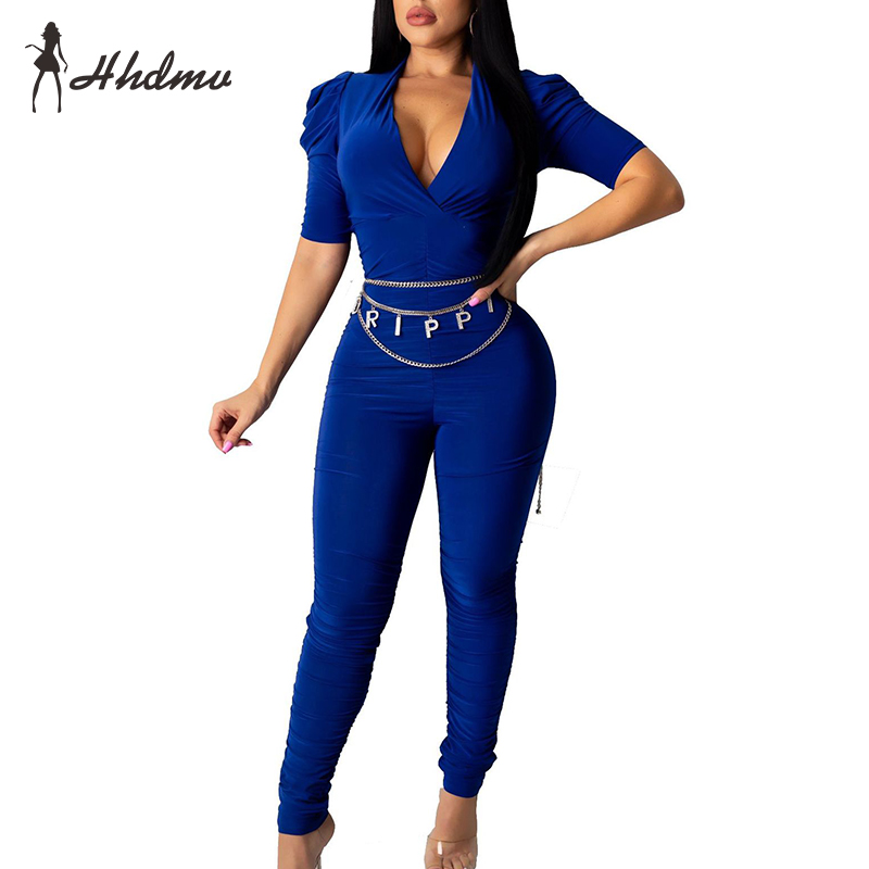 

2020 Hot Sales Mature Sexy Club Sweet Fashion Solid Deep V-Neck Short Sleeve High Waist Elastic Women Long Pencil Jumpsuits, Blue