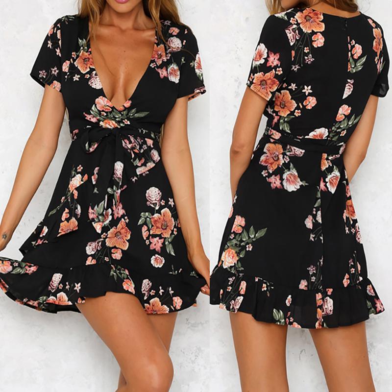 

Sexy Women Dress Ladies Summer Bohemian V Neckline Dress Flower Print Short Sleeve Irregular Beach Fashion Women Dresses, Black