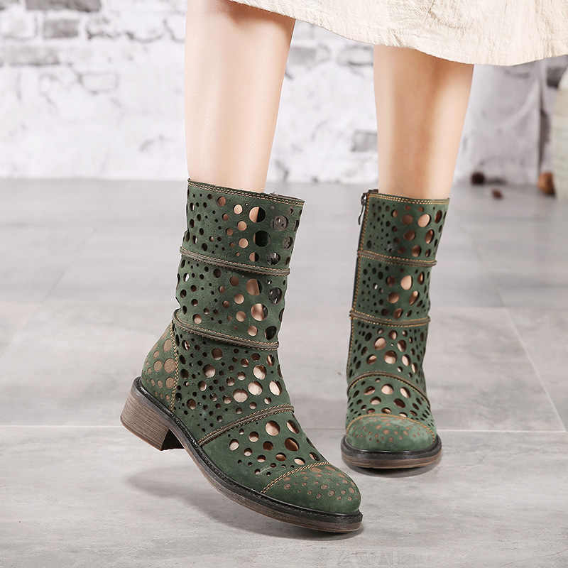 

summer cave boots women hollowed out leather mid-calf female boots round head low heel shoes cowhide, Black