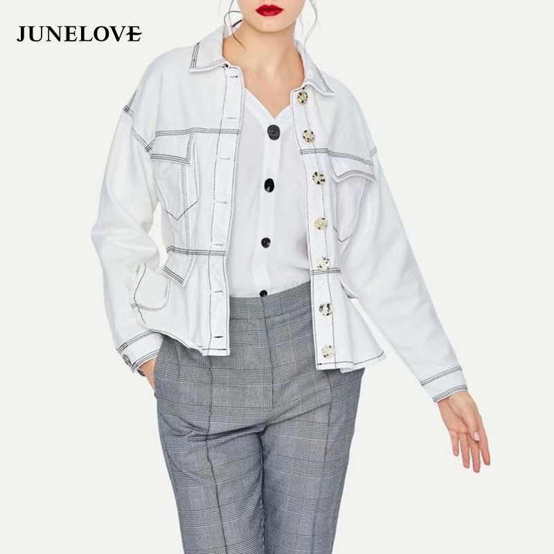 

JuneLove Women Long Sleeve Denim Jackets Vintage Single Breasted Female Loose Jackets Casual Street Wear Lady Ruffles Outwears, White