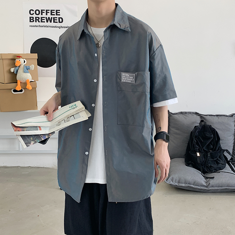 

Loose Fit Short Sleeve Shirts for Mens Summer Tops with Pockets Chemise Hawaiienne Mode Homme 2020 Camisa Manga Corta Blouse Men, Dark gray