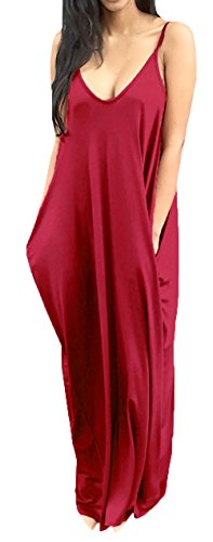

Bigyonger Women's Loose Low V Neckline Spaghetti Straps Maxi Dress Beach Wear, 1-gray brown