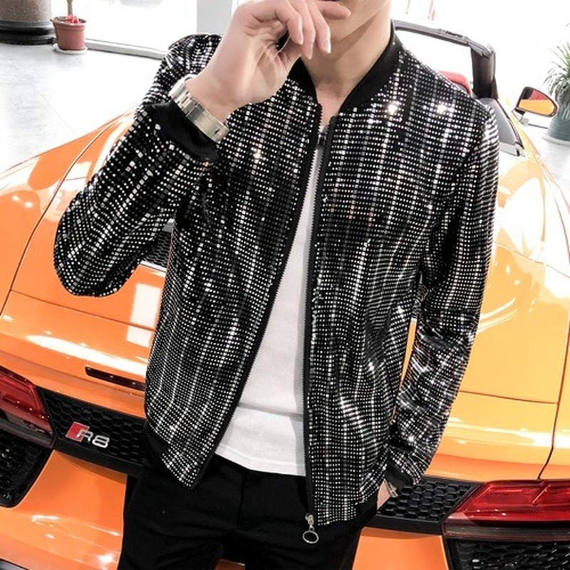 

2019 Men Sequins Slim Fit Jacket Fashion Sunscreen Coat Male Night Club Stage Party Clothing Outerwear, Black