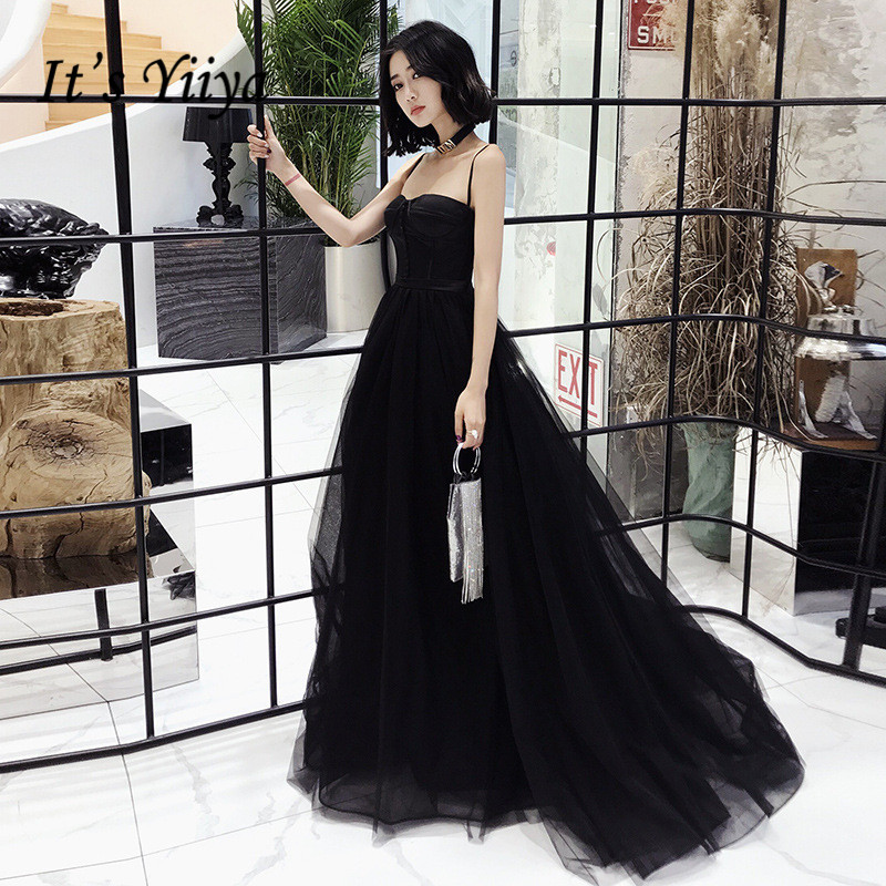 

It's YiiYa Evening Dress SpagheStrap Strapless Train Black Formal Gown Elegant Lace Pleat Long Party Dresses E085