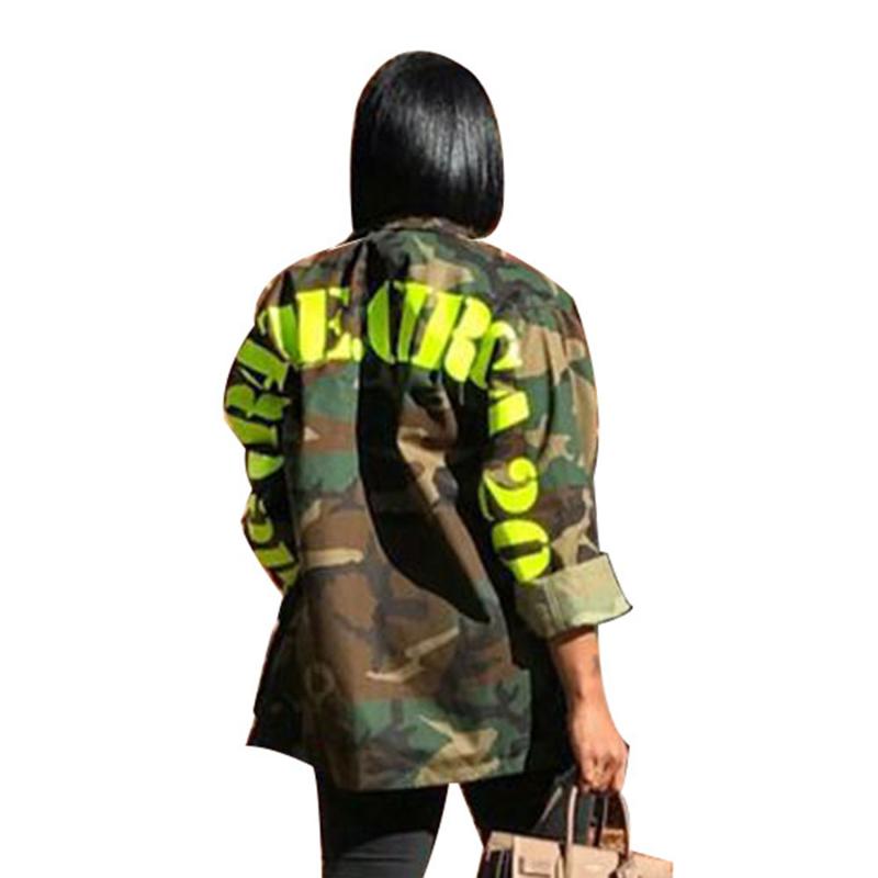 

2019 Autumn Camouflage Autumn Jacket Women Fashion Streetwear Army Casual Letter Printed Cargo Plus Size Bomber Jacket, Army green