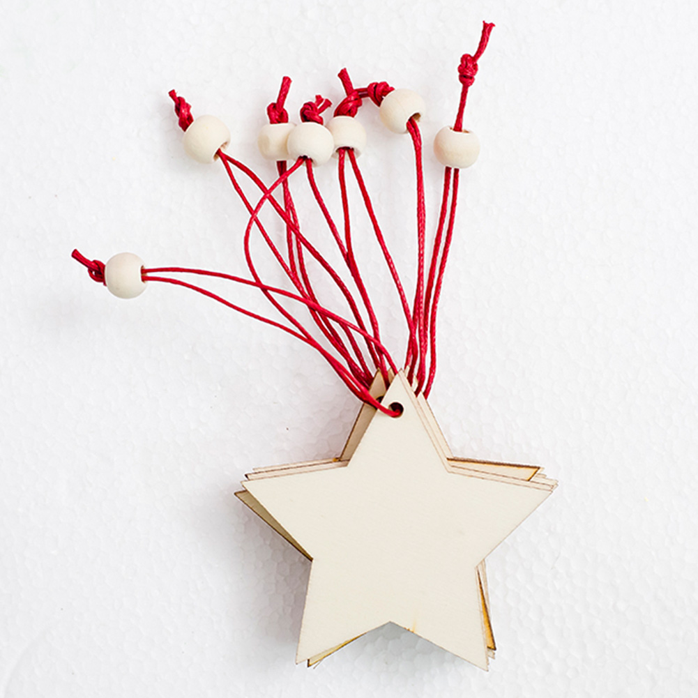 

6pcs Cute Festival Wooden Pentagram Hanging Christmas Ornament Door Mini Holiday Home Decoration House DIY Tree With Red Rope