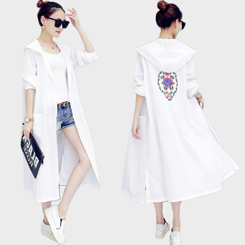 

NEW Korean style Women summer Sun protection clothing Large size embroidered Hooded Long coat Ultra-thin Anti-UV Outwear 73, White