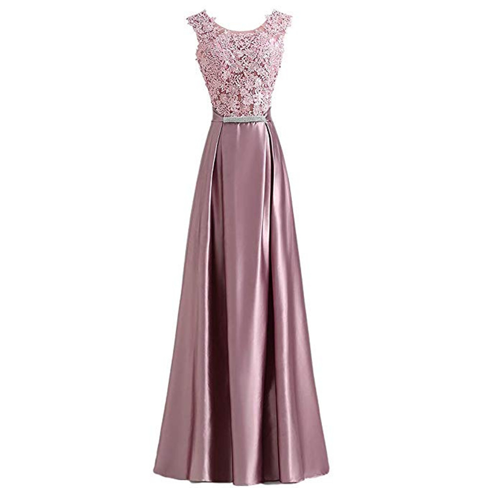 New Rose Pink Prom Dresses A Line Appliques Lace Sleeveless Long Satin Formal Evening Gowns Prom Party dress With Bow Sash-image-440022471