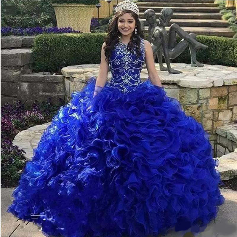 

2020 Tiered Cascading Ruffles Royal Blue Quinceanera Dresses Jewel Neck Crystal Organza Sweet 16 Dress with Free Fee Crown Vestidos 15 anos, Gold