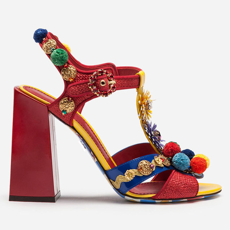 

High Heels Fashion Retro Charms Pom Embellished Bohemian Sandals Summer Vacation Shoes Women T-strap Red Sandals