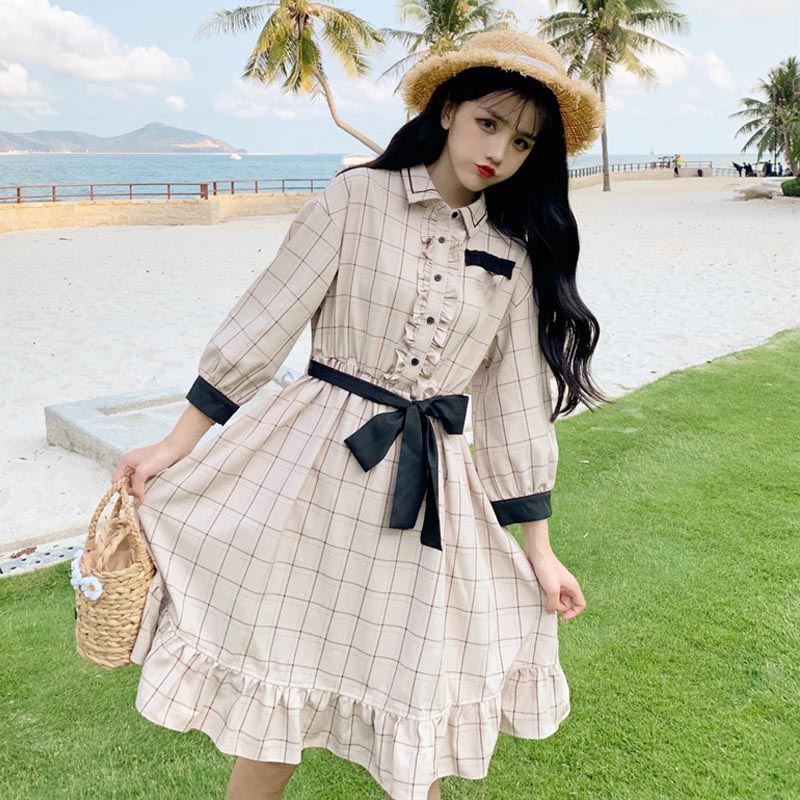 

Casual Women Plaid Summer Cute Kawaii Dress 2020 Spring Student New Fresh Short Sleeve Vintage Dress, As pic