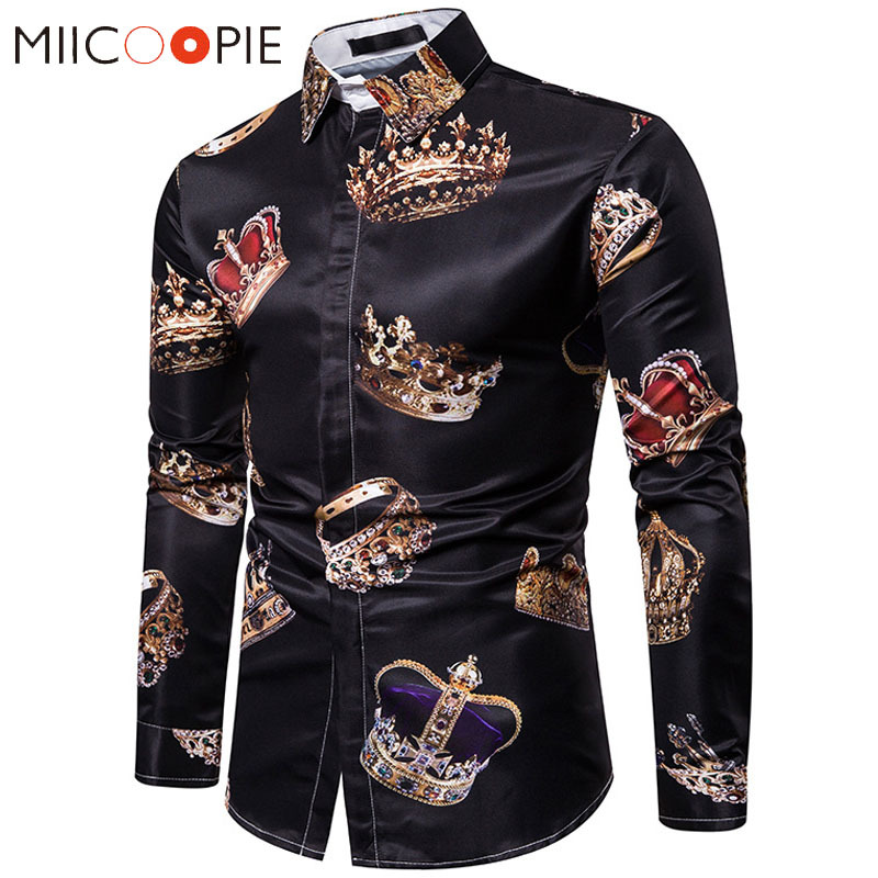 Royal Crown Print Black Shirt Men Luxury Casual Camisas Hombre Manga Larga High Quality Business Formal Slim Mens Dress Shirts MX200518