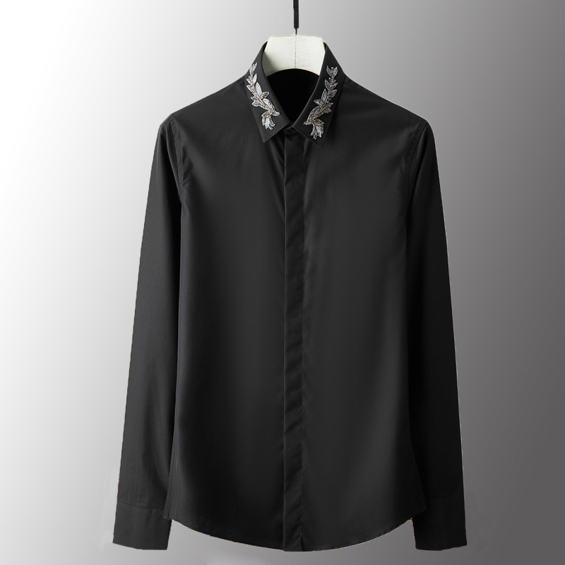 

Black White Men Luxury India Wire Embroidery Long Sleeve Plus Size 3XL 4XL Slim Fit Mens Dress Shirts