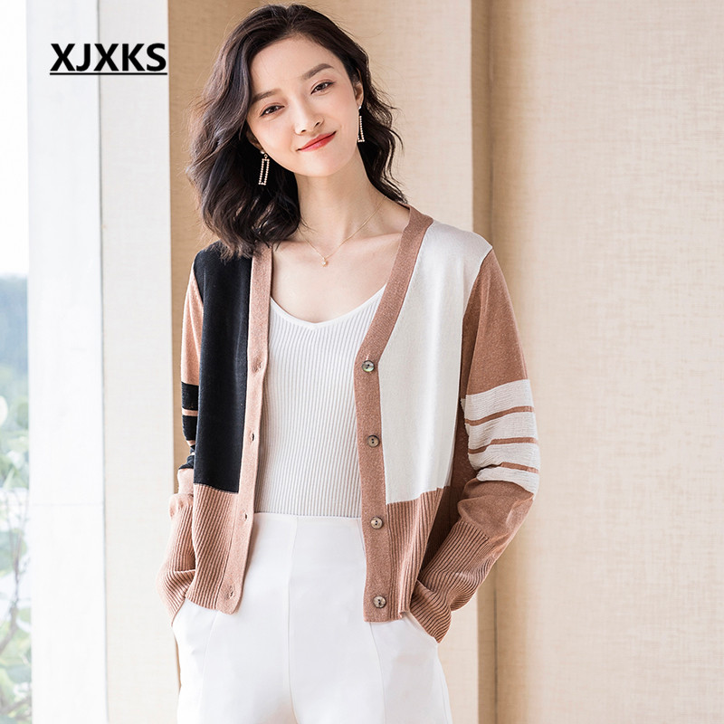 

XJXKS Fashion V-neck stitching women cardigan spring 2020 new comfortable wool knitted cardigan women's sweater, Black