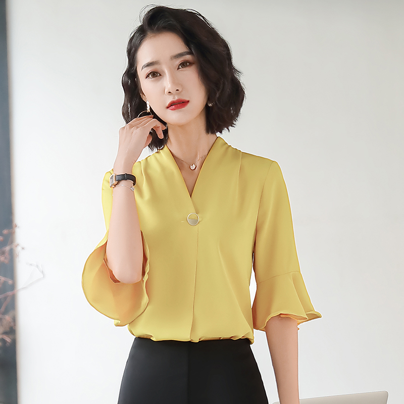 

Fashion Women Blouses & Shirts Yellow Summer V-neck Ladies Blouses and Tops New Arrival, Blouse only
