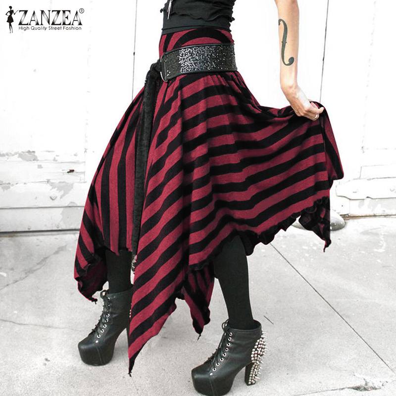 

Fashion ZANZEA Summer Striped Maxi Skirts Casual Elastic Waist Asymmetrical Sundress Women Party Long Faldas Saia Female Robe, Gray