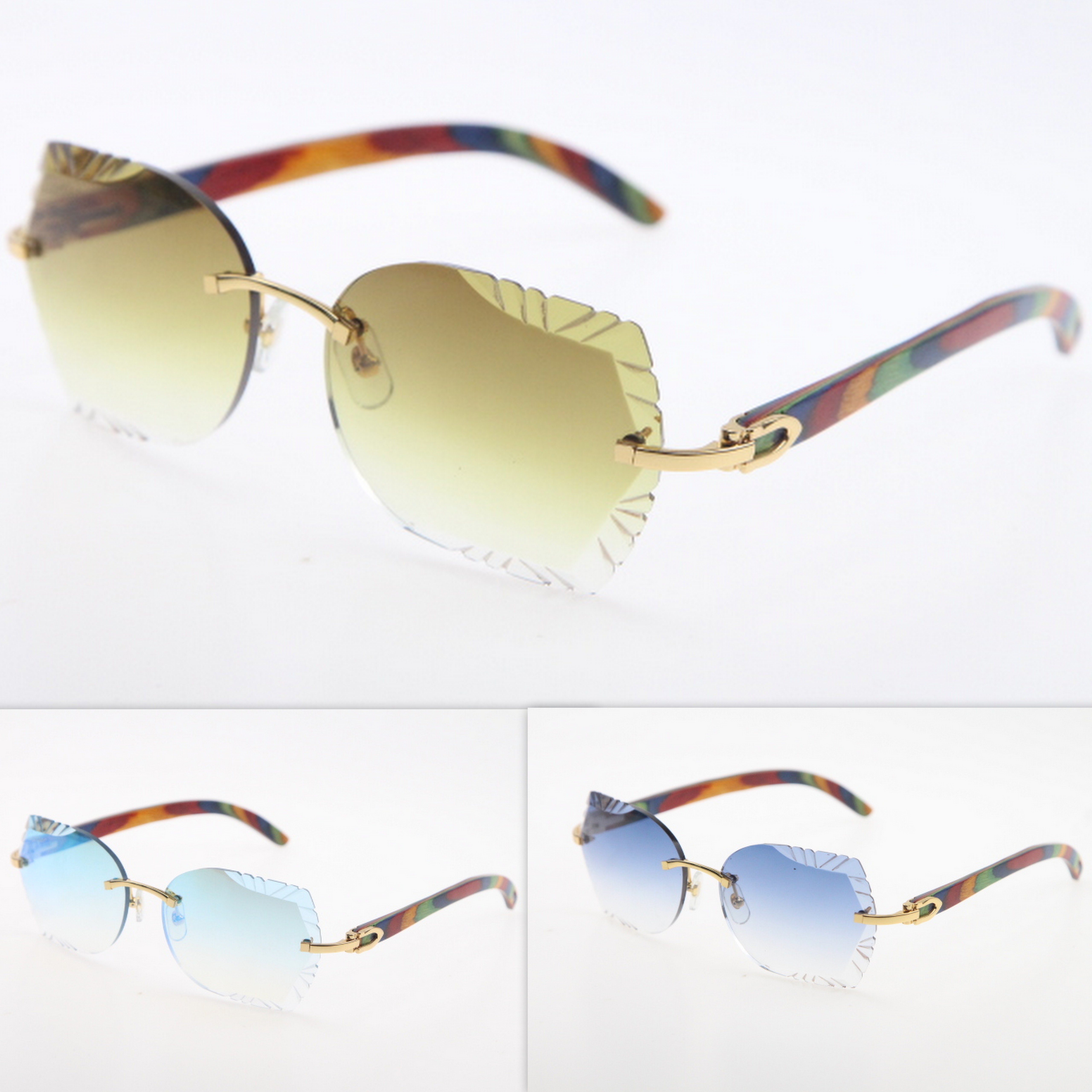 

Rimless Sunglasses Cat eye Eyewear Carved lens peacock Wood Trimming Lens Sunglasses New Rimless Glasses Triangle Lens Unisex SunGlasses Hot