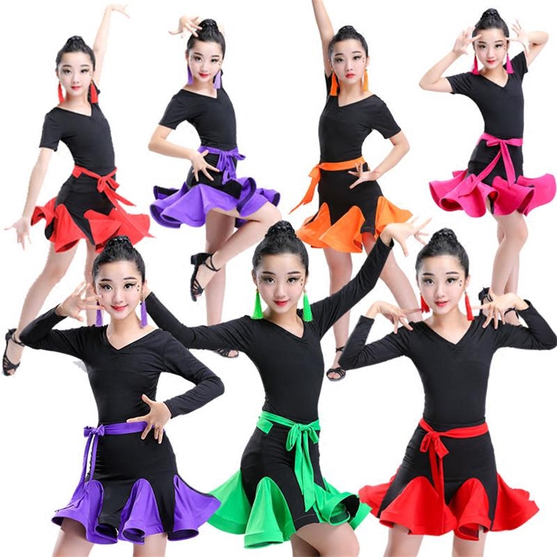 

Children's Latin dance skirt exercise clothes new style summer girls short-sleeved Latin split performance costumes