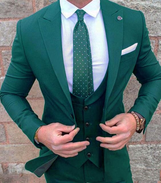 New Arrival Green Slim Fit Men Wedding Tuxedos Peak Lapel One Button Groom Tuxedos 2019 Style Men 3 Piece Suit(Jacket+Pants+Tie+Vest) 2067