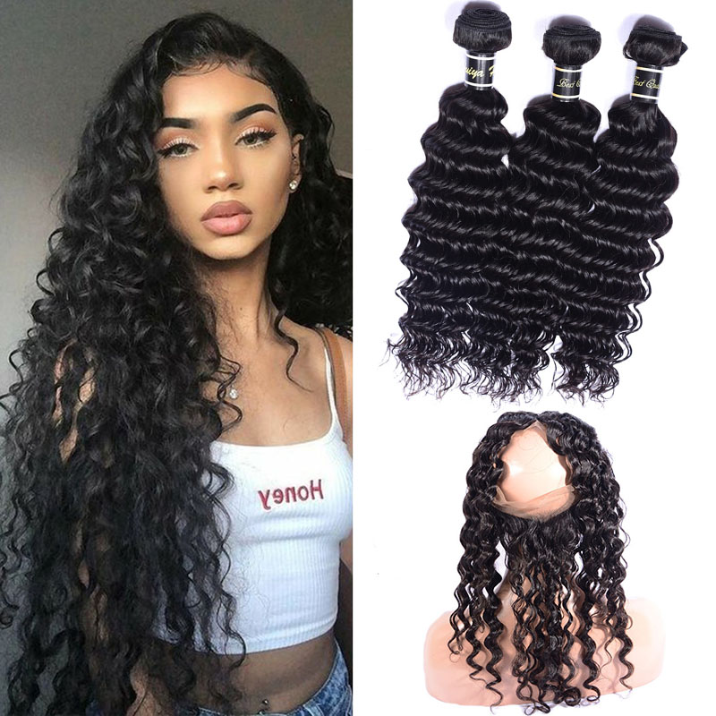 

Brazilian Virgin Hair Extensions Deep Wave 3 Bundles With 360 Lace Frontal With Baby Hair Pre Plucked Human Hair 360 Frontal With Bundles, Natural color