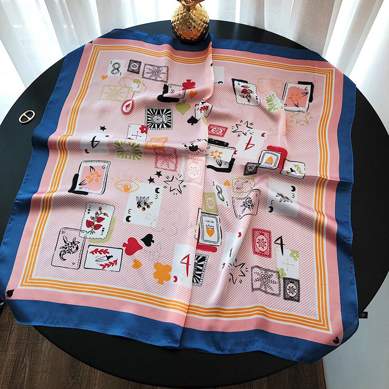 

70*70cm Women Silk Scarf Print Hijab Shawl Foulard Square Head Stylish Female Femme Hair Tie Band Neck Wear Bandana, Blue;gray