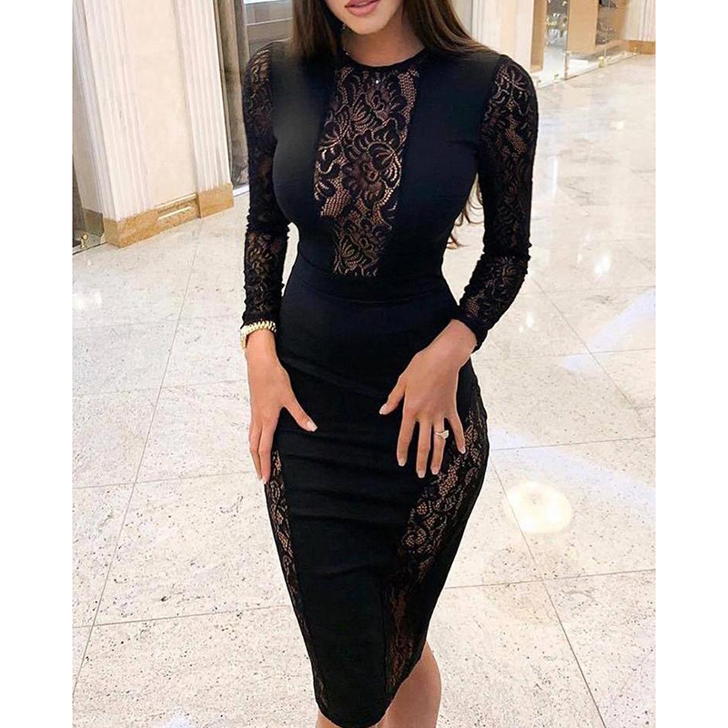 Black Sexy Lace Patchwork Elegant Women Long Sleeve O Neck Slim Dress Vestidos Ladies Harajuku Party Dress Banquet SJ4956M-image-503205401
