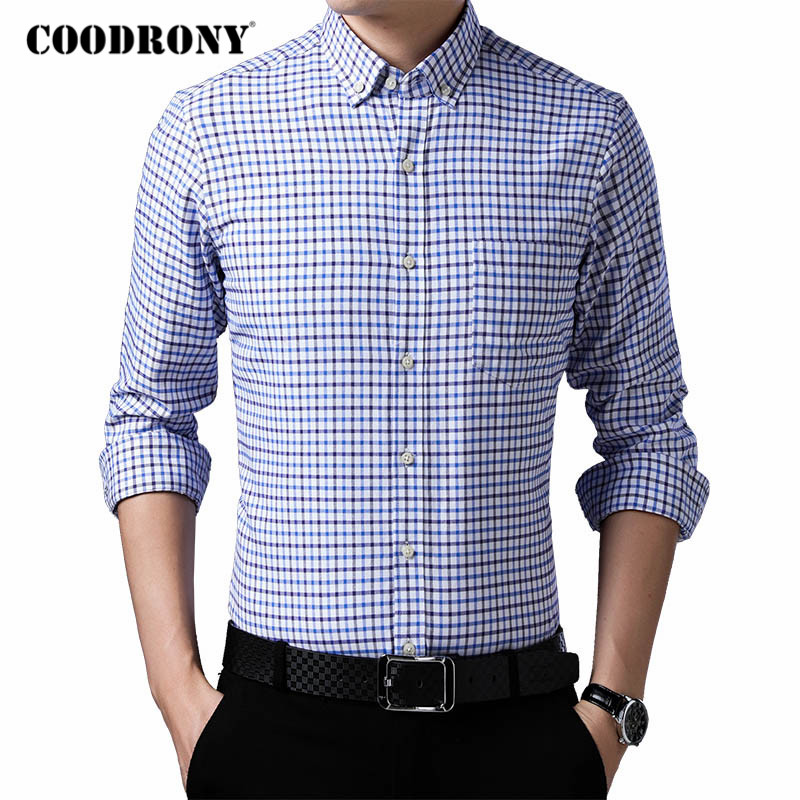 

COODRONY Brand Hight Quality Cotton Shirt Men Spring Autumn Casual Long Sleeve Mens Shirts Fashion Plaid Clothing Pocket C6073, Blue