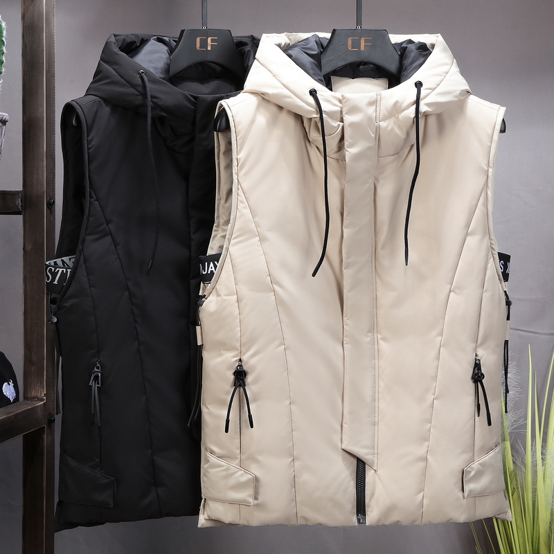 

2020 New Thicken White Duck Down Vest Men Winter Waterproof Warm Hooded Big Pockets Sleeveless Coat Plus Size 4XL 5XL 6XL, Beige