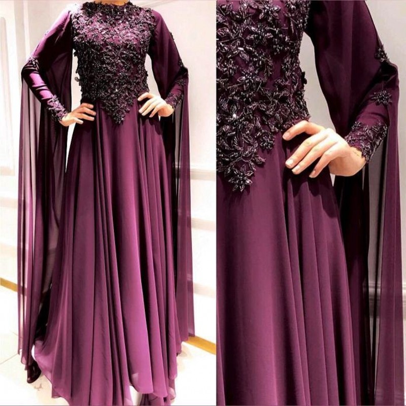

Modest Arabic Muslim Grape 3D Floral Appliques Evening Dresses Beaded Long Sleeves Prom Dresses A-line Formal Party Bridesmaid Pageant Gowns, Chocolate
