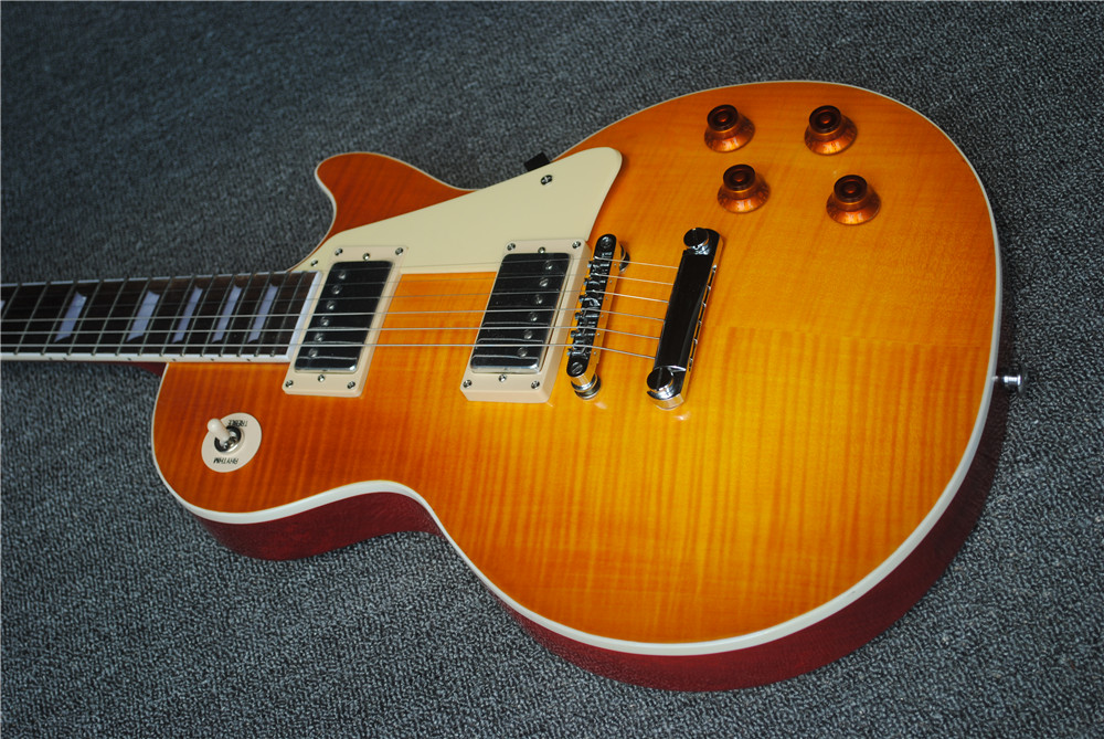 Free Shipping High Quality Tiger Flame Maple Top Standard Light yellow Chinese Music Instruments Electric Guitar