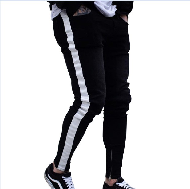 

Stripe Elastic Jeans Denim Pants Men Hip Hop Slim Fit Denim Pants Male Stretchy Pencil Bottoms street Knee Ripped Holes Jeans, Black