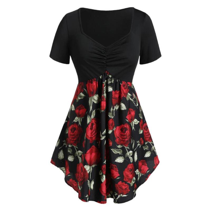 

Women Plus Size Blouse Fashion Sweetheart Collar Rose Print Short Sleeve Blouse And Tops Vintage Patchwork Woman Blusas Clothing, Black