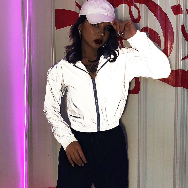 

Cool Hip Hop Women Jacket Reflective Windbreaker Hooded Zipper Up Outfit Long Sleeve Solid Color Wild Fashion Coat, Silver